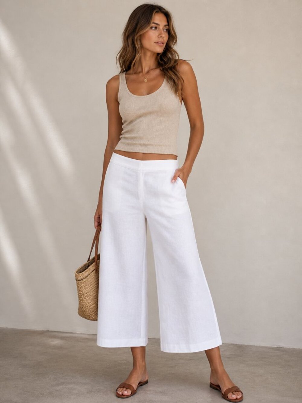 Lauren Ralph Lauren White Linen Cropped Trousers Wide Leg Coastal Classic Chic